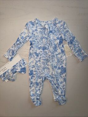 btween Blue Floral Toile Bamboo Footie with Headband 3 6 months